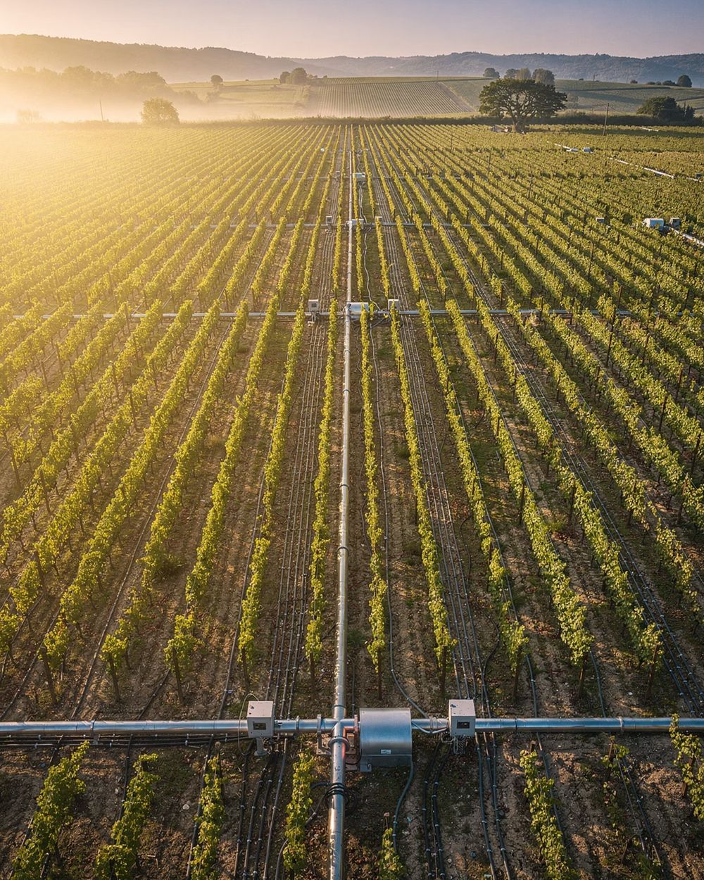 Drip irrigation across French vineyard rows at sunrise