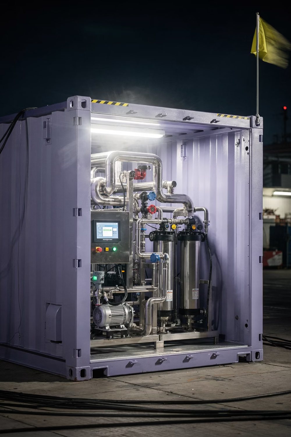 RENAUVEAU container water-treatment unit with internal piping and control panel